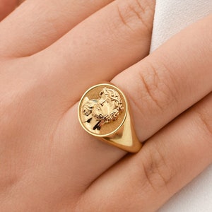 14K Solid Gold Jesus Signet Ring: Personalized Christian Jewelry