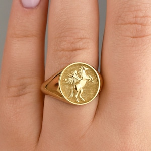 Gold Pegasus Signet Ring: Greek Mythology Horse Jewelry