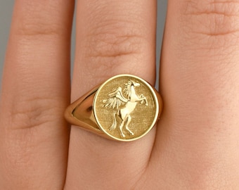 Gold Pegasus Signet Ring: Greek Mythology Horse Jewelry