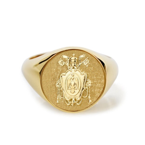 14K Solid Gold Custom Signet Ring, Minimal Coat of Arms Ring For Wax Sealing, Heraldry Jewelry Gift For Father, Round Shape Signet Ring