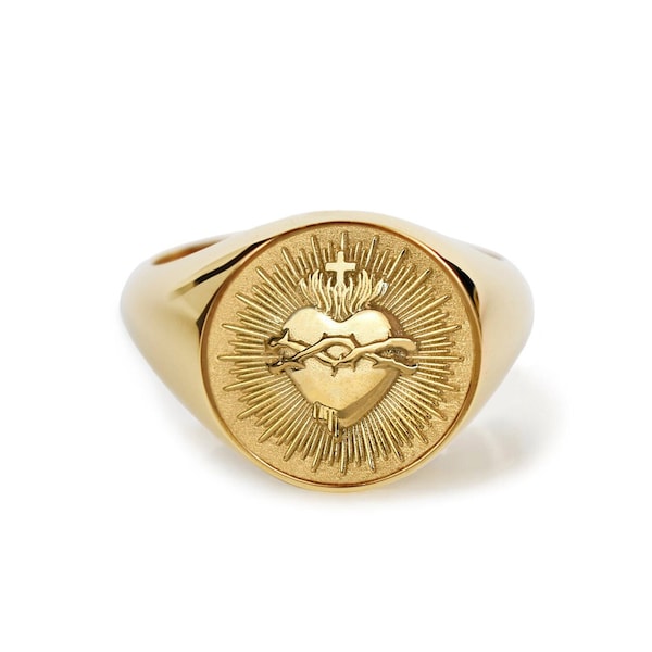 Gold Sacred Heart of Jesus Signet Ring, Catholic Churt Gold Jewelry, Corazon Sagrado Ring, Catholic Heart Jewelry, Fairfield Signet Ring