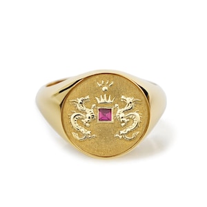 14K Gold Chinese Dragon Signet Ring with Ruby