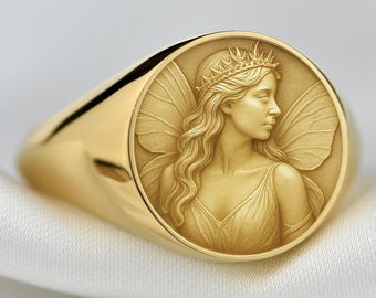 Fairy Signet Ring, 14K Gold Fantasy Muse Ring, Mythical Jewelry, Enchanted Fairy Ring, Magic Ring