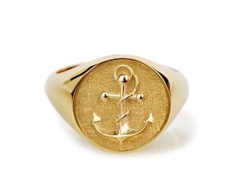 Gold Anchor Signet Ring: 9K/14K/18K Gold, Sailor Jewelry