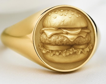 Anello con sigillo per hamburger, anello con cheeseburger in oro 14 carati, gioielli per buongustai, regalo per gli amanti degli hamburger