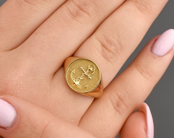 Gold Anchor Signet Ring: Sailor Nautical Jewelry