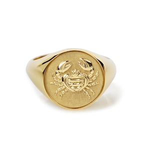 14K Solid Gold Cancer Sign Ring, Gold Zodiac Sign Ring, Engraved Cancer Sign Signet Ring, Astrology Gift, Gold Cancer Zodiac Sign Ring