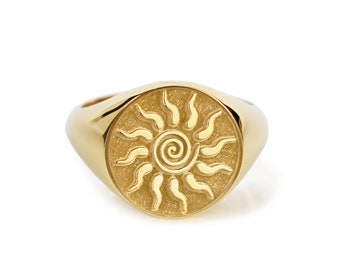 Gold Sun Signet Ring: Tribal Sunshine Jewelry, Personalized Ring