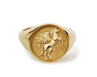 Gold Pegasus Signet Ring: Greek Mythology Horse Jewelry