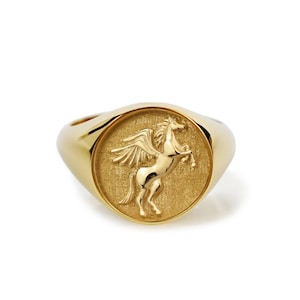 Gold Pegasus Signet Ring: Greek Mythology Horse Jewelry