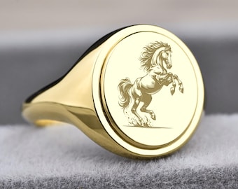 Anello con sigillo a forma di cavallo in oro 14 carati, gioiello equestre ovale inciso, anello in oro per amanti dei cavalli