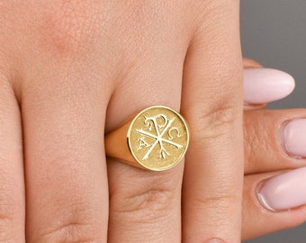 Anillo de sello de oro Chi Rho: joyería con símbolo católico