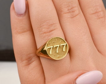Gold Lucky Seven Signet Ring: 9K-18K Solid Gold, Gambler Jewelry