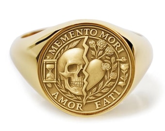 Anillo Memento Mori de oro de 14 quilates, sello Amor Fati y banda con forma de corazón de calavera