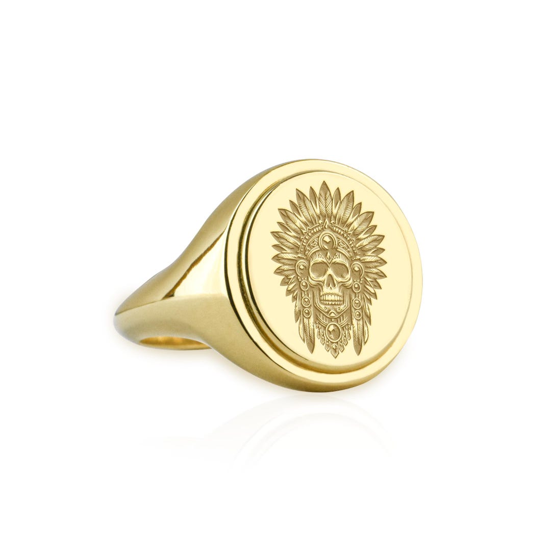 14K Gold Aztec Signet Ring, Oval Engraved Native Jewelry, Gold Mexican ...