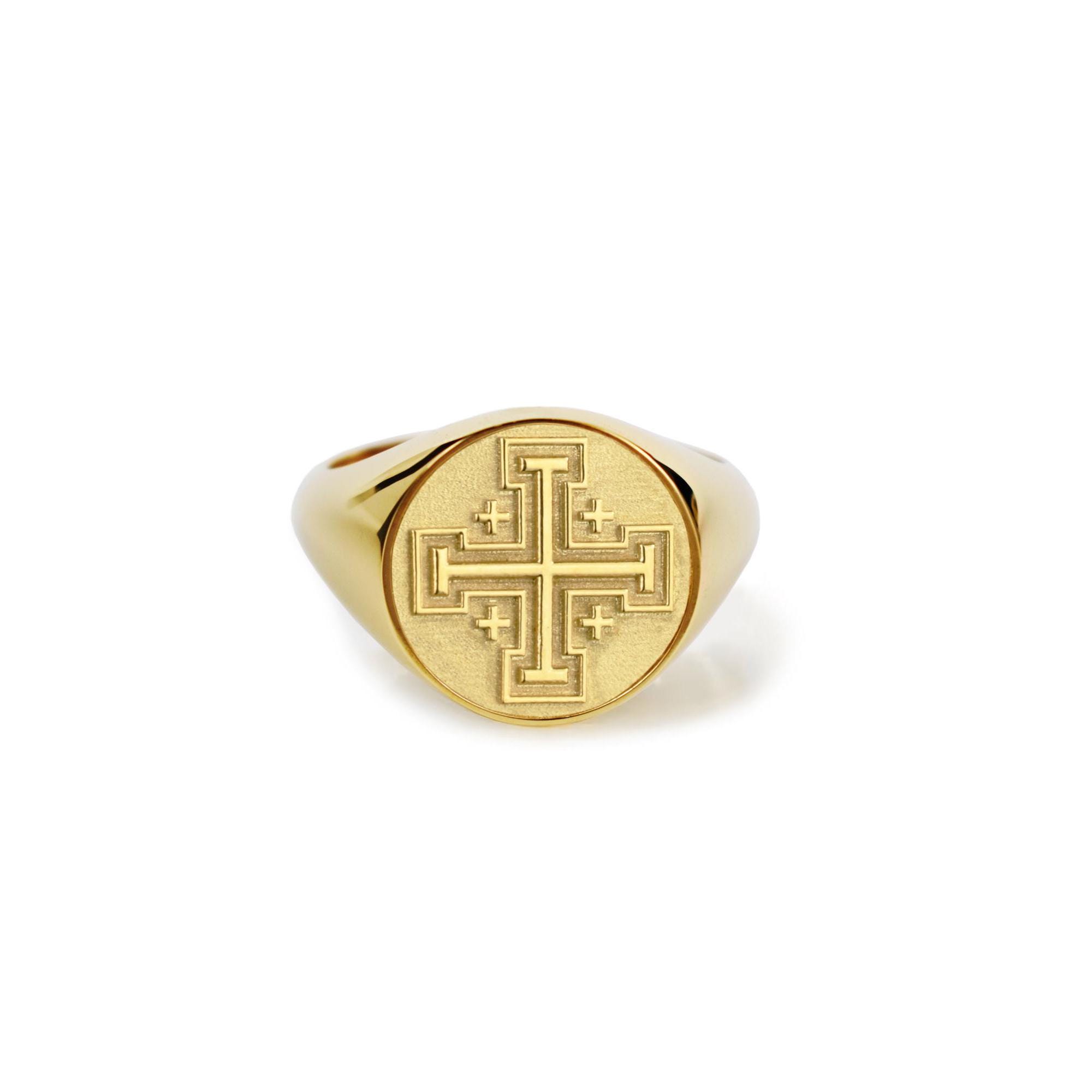 14K Gold Jerusalem Cross Signet Ring: Custom Heraldic Crest