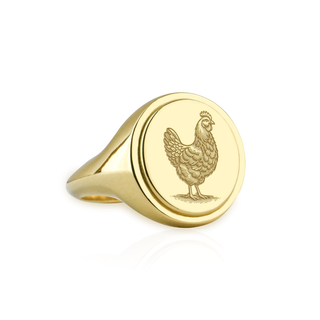 14K Gold Chicken Signet Ring, Oval Engraved Farm Animal Jewelry, Gold ...