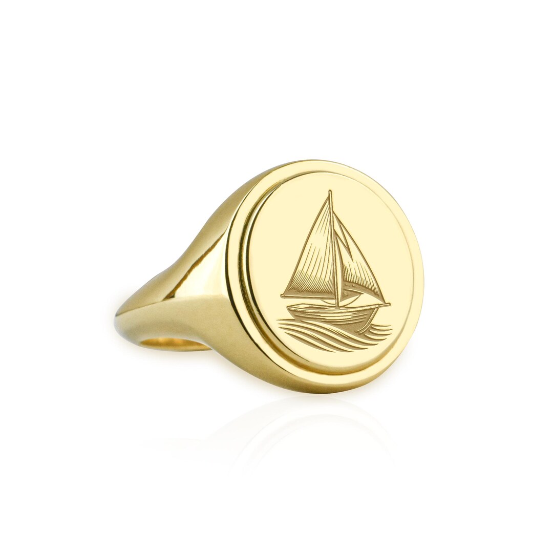 14K Gold Sailing Boat Signet Ring, Oval Engraved Sailor Jewelry, Gold ...