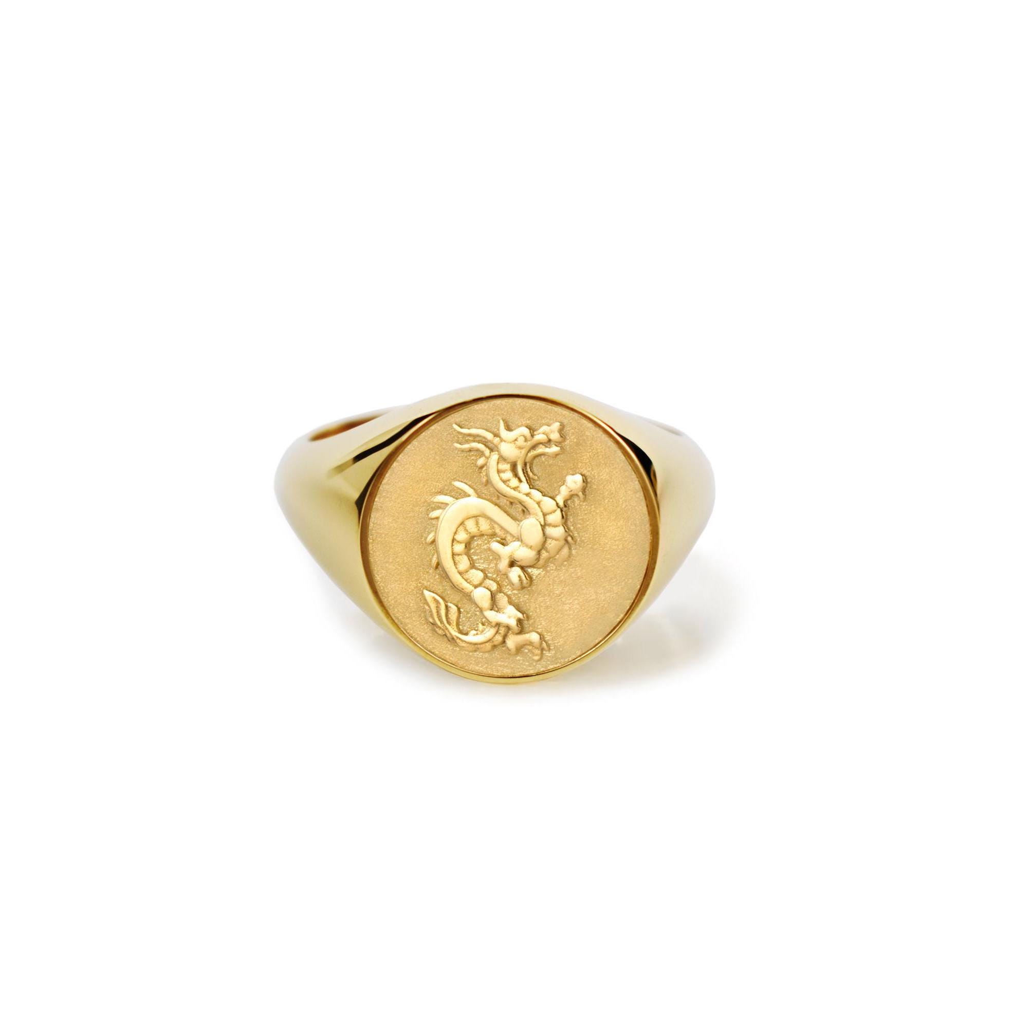 14K Gold Chinese Dragon Signet Ring: Good Fortune Amulet