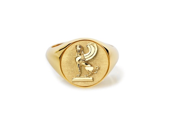 14K Gold Sphinx Signet Ring: Engraved Egyptian Jewelry