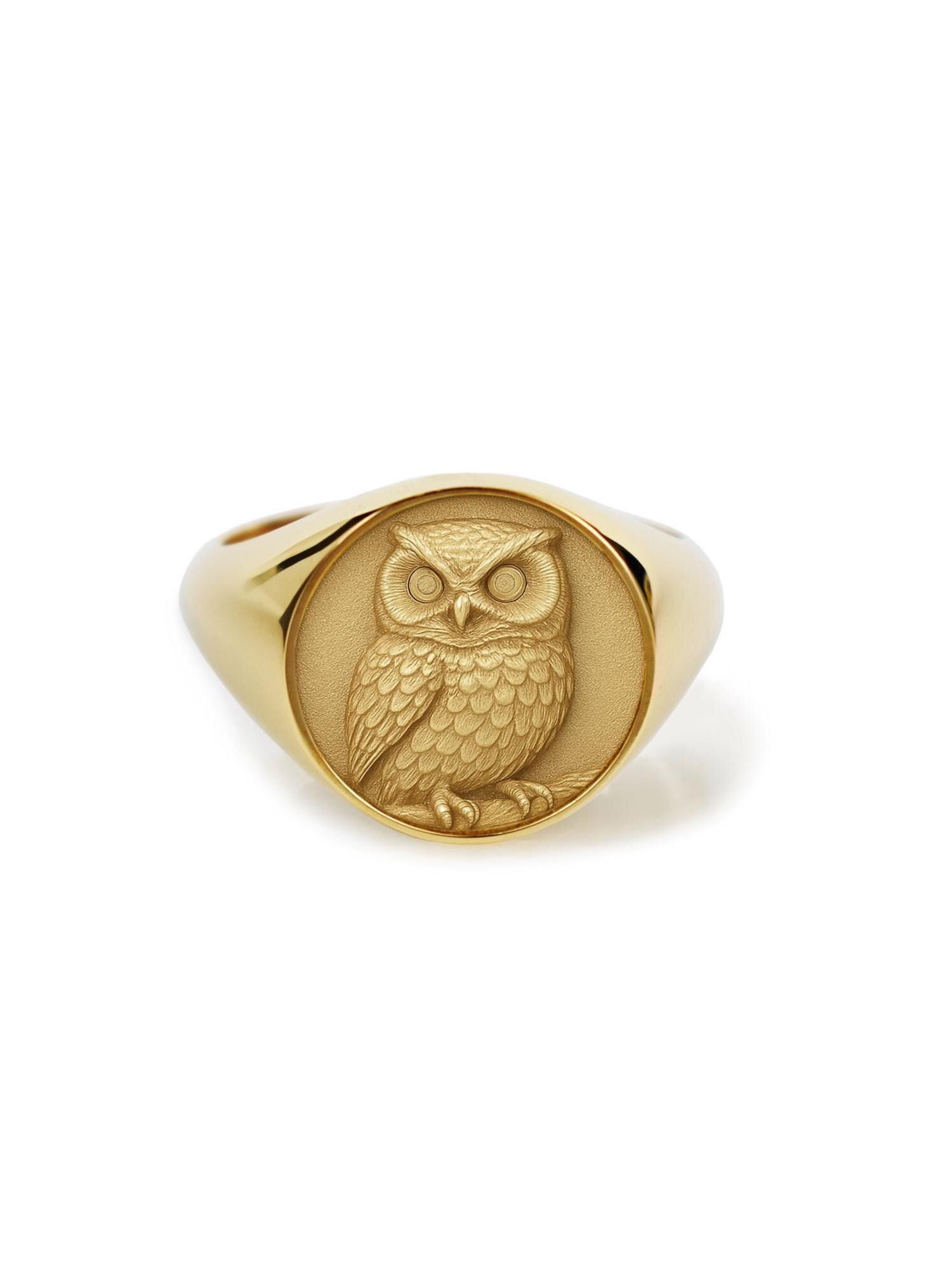 14K Gold Owl Signet Ring, Wisdom Totem