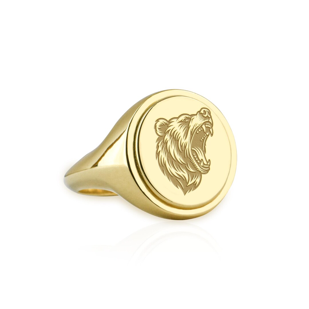 14K Gold Bear Signet Ring, Oval Engraved Wild Animal Jewelry, Gold ...