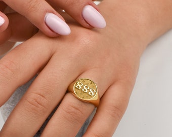 PAMTIER Women's Angel Number Ring - Stainless Steel Numerology Signet Ring In Gold