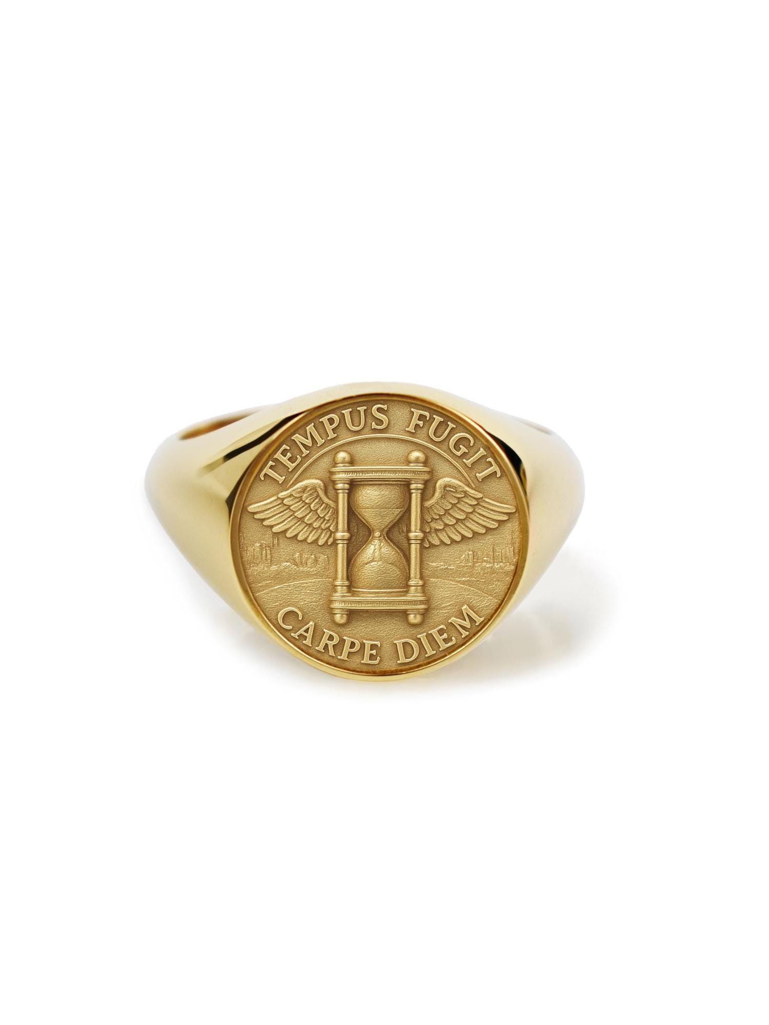 14k Gold Tempus Fugit Ring, Carpe Diem Latin Signet Ring