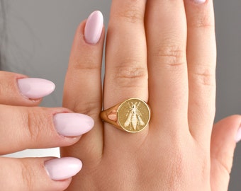 Gold Bee Signet Ring: Sterling Silver, Beekeeper Gift
