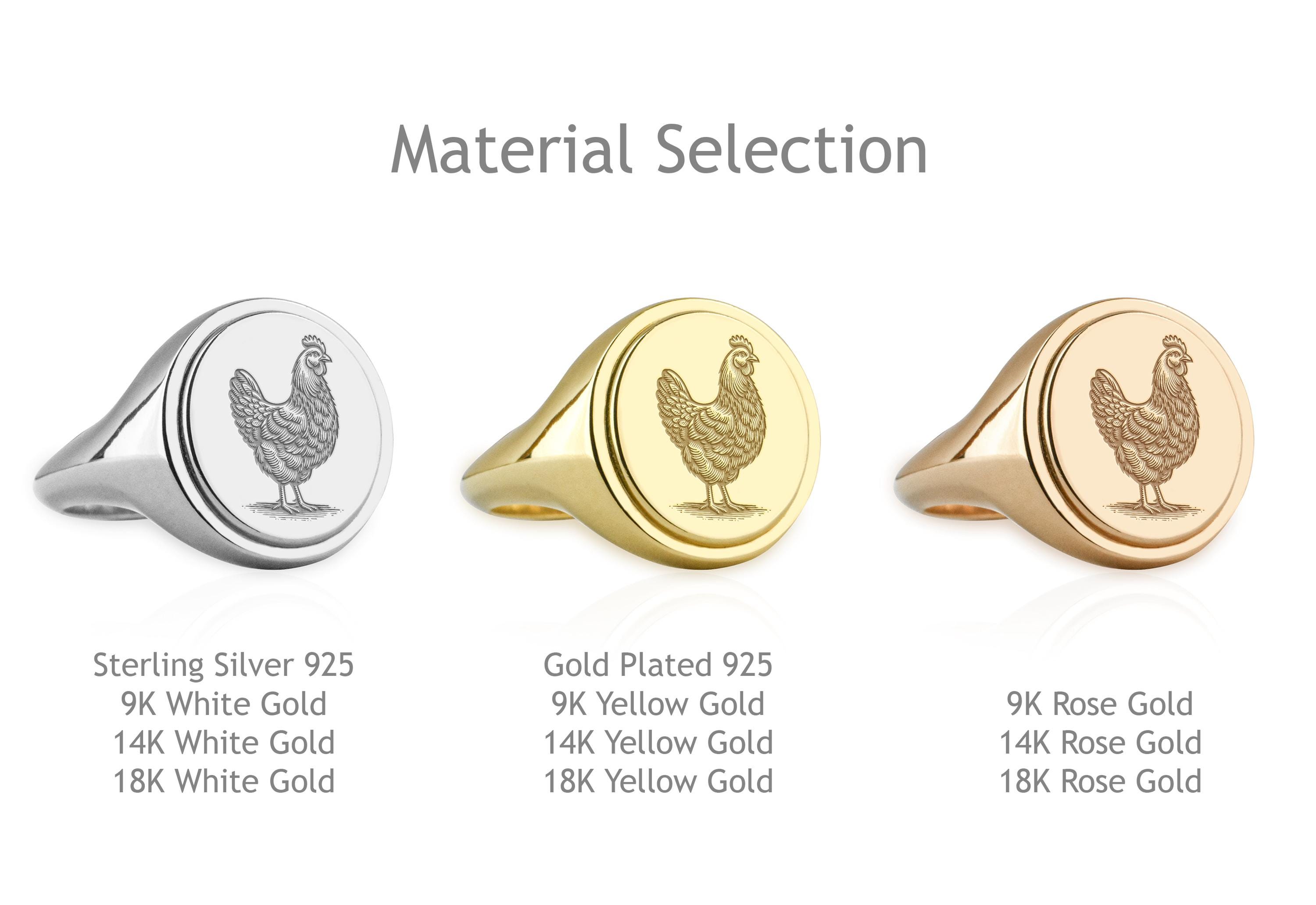 14K Gold Chicken Signet Ring, Oval Engraved Farm Animal Jewelry, Gold ...