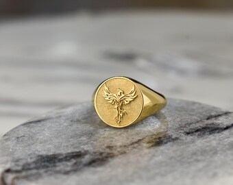 14K Solid Gold Phoenix Signet Ring, Rising Phoenix Ring