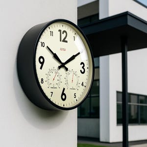 XL Factory Black Outdoor Wall Clock – Weather Station Thermometer Barometer - Cloudnola
