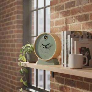 May include: A round, sage green and wood-tone clock with black hands sits on a shelf. The clock has a small bird detail at the top. A small potted plant and books are next to the clock. The background is a brick wall and a window.