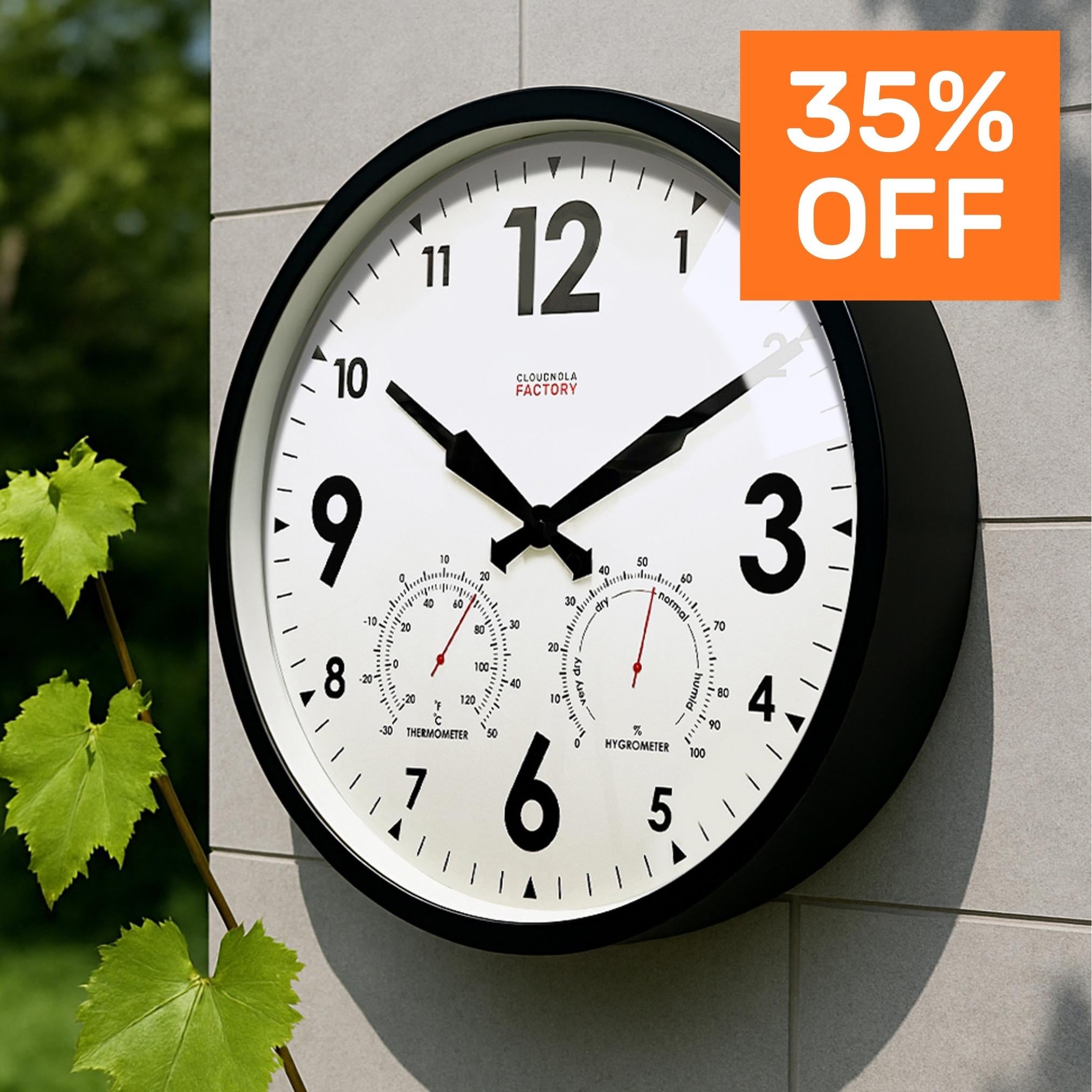 XL Factory Black Outdoor Wall Clock – Weather Station Thermometer