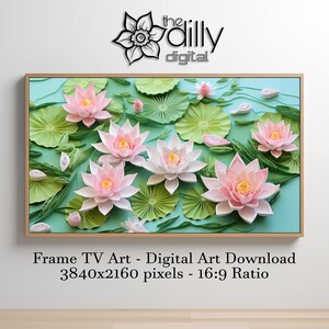 Puede incluir: Impresión digital de arte de una imagen enmarcada de nenúfares rosas y blancos con nenúfares verdes sobre un fondo azul verdoso. La imagen es de 3840x2160 píxeles y tiene una relación de 16:9. El texto "Frame TV Art - Digital Art Download 3840x2160 pixels - 16:9 Ratio" está debajo de la imagen.