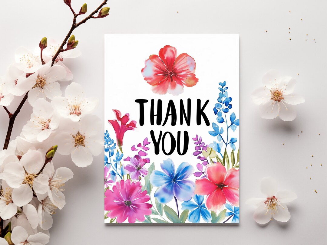 Printable Card 5x7 Thank You Card Watercolor Flowers Blank With ...