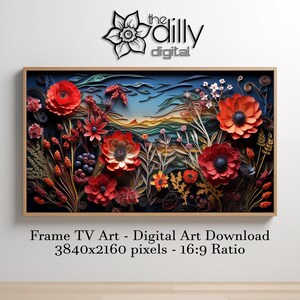 Puede incluir: Una impresión digital de arte de un paisaje enmarcado con flores de papel rojo, naranja, amarillo y azul. El texto "Frame TV Art - Digital Art Download 3840x2160 pixels - 16:9 Ratio" está debajo de la imagen.