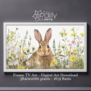 Arte para TV con marco Samsung / Conejito de acuarela / Arte de prado de flores silvestres / Descarga digital / Decoración de pared estilo cottagecore / Regalo para amantes de las mascotas