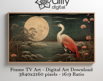 Samsung Frame TV Art Crane Woodblock Print Style Frame TV Art Digital Download for Frame TV