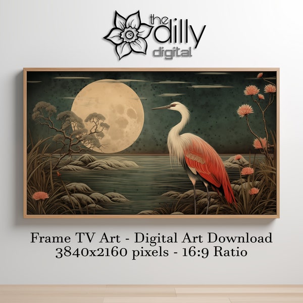 Samsung Frame TV Art Crane Woodblock Print Style Frame TV Art Digital Download for Frame TV