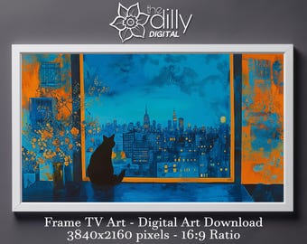 Samsung Frame TV Art | Cats in Window | Digital Download | Cityscape Sunset Art | Cozy Urban Decor