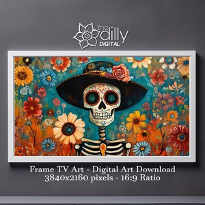 Samsung Frame TV Art | Sugar Skull Art Print | Day of the Dead Decor | Colorful Floral Skeleton | Digital Download