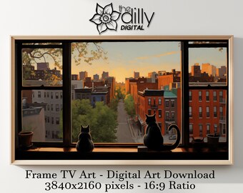 Samsung Frame TV Art | Cats in Window | Digital Download | Cityscape Sunset Art | Cozy Urban Decor