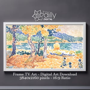 Pode incluir: Uma impressão de arte digital emoldurada com uma paisagem em aquarela com árvores, um lago e uma cordilheira. A obra de arte usa uma paleta de cores laranja, amarelo, verde e azul. A moldura é branca e a imagem inclui o texto "Frame TV Art - Digital Art Download".