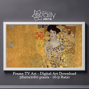 May include: A digital art download of a painting of a woman in a gold dress with a geometric pattern. The background is a gold and black abstract design. The image is 3840x2160 pixels and has a 16:9 ratio. Frame TV Art - Digital Art Download.