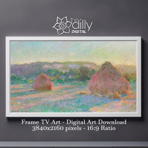 May include: A digital art print of a painting depicting a field with two large hay bales in the foreground. The sky is a soft blue with hints of pink and yellow. The hay bales are a pale pink color and the field is a mix of green, blue, and purple.