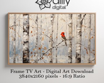 Samsung Frame TV Art | Red Cardinal in Birch Forest | Digital Download | Wildlife Art | Instant Download