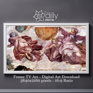 Puede incluir: Una impresión de arte digital de una pintura del Renacimiento que representa una escena de la creación del universo. La pintura presenta dos figuras, una tendiéndole la mano a la otra, con un gran orbe solar en el fondo. La pintura está enmarcada en un marco blanco.