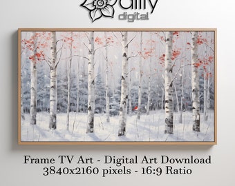 Samsung Frame TV Art | Winter Birch Forest with Cardinal | Digital Download | Seasonal Landscape Art | Instant Download