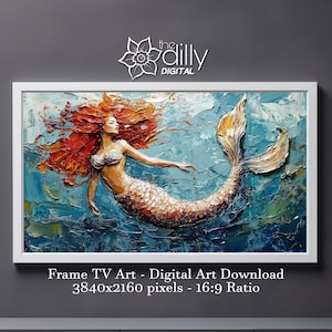 Samsung Frame TV Art | Redhead Mermaid Painting | Digital Download | Coastal Ocean Wall Decor | Textured Fantasy Art